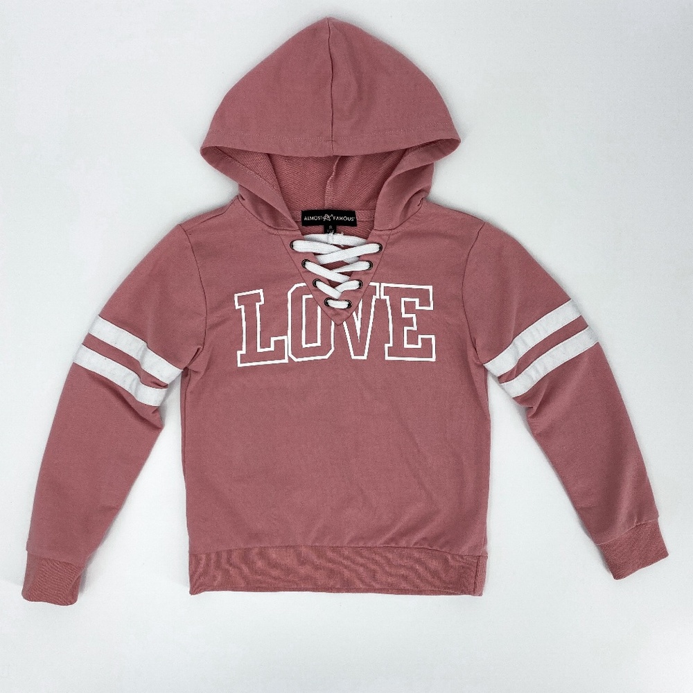 Almost Famous Pink Love Hoodie Pullover Long Sleeve Sweatshirt Girl's Size 8
